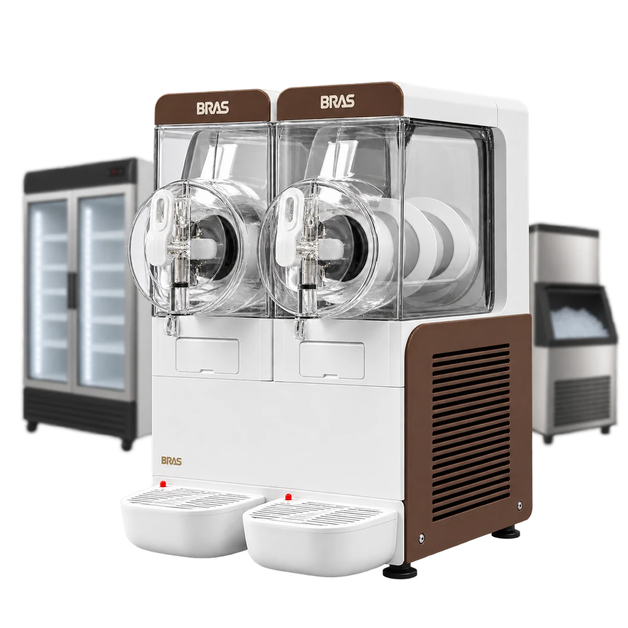 Máquina de Frozen BRAS de duas cubas, com freezer e máquina de gelo em cubo ao fundo