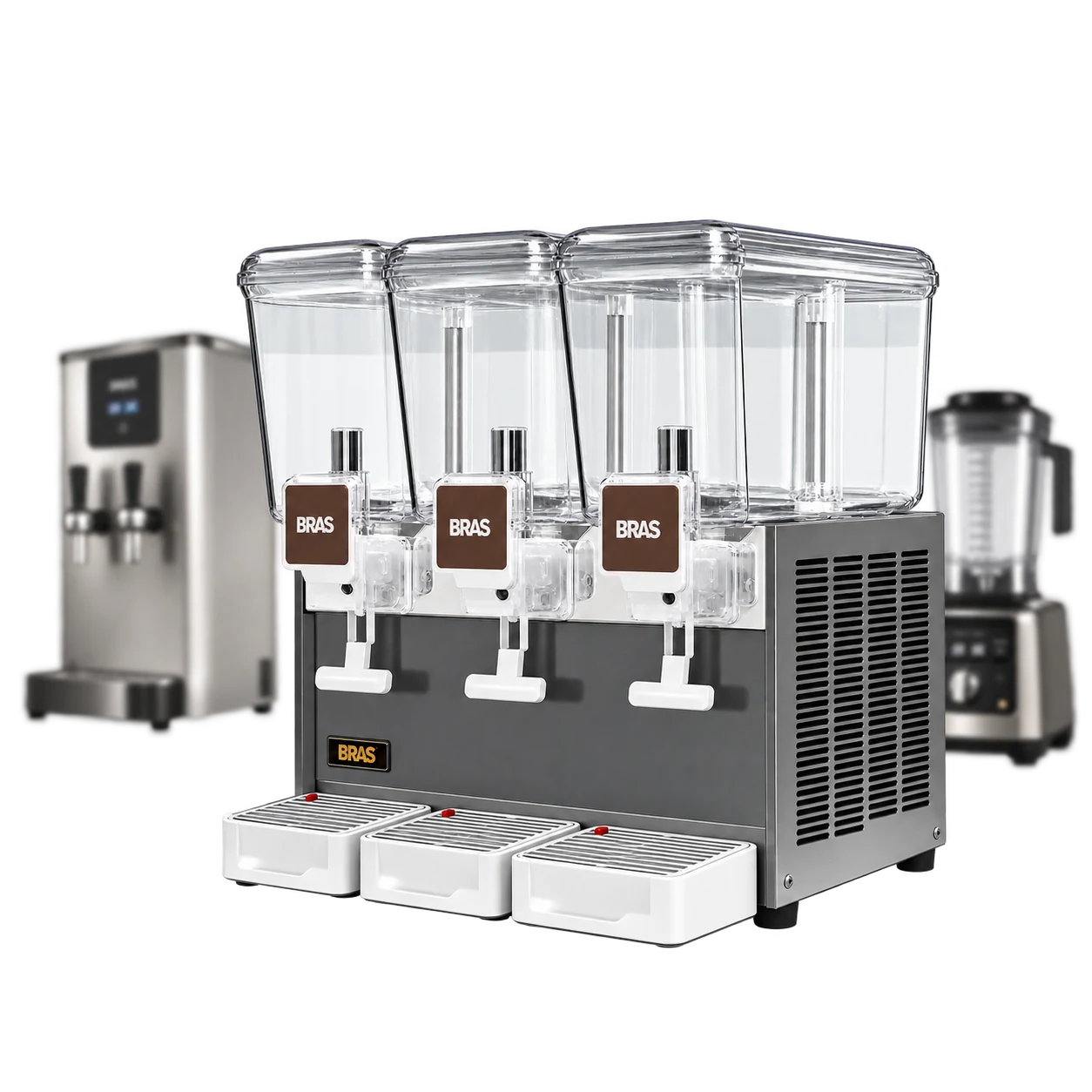 Refresqueira BRAS de três cubas, com bebedouro e blender ao fundo