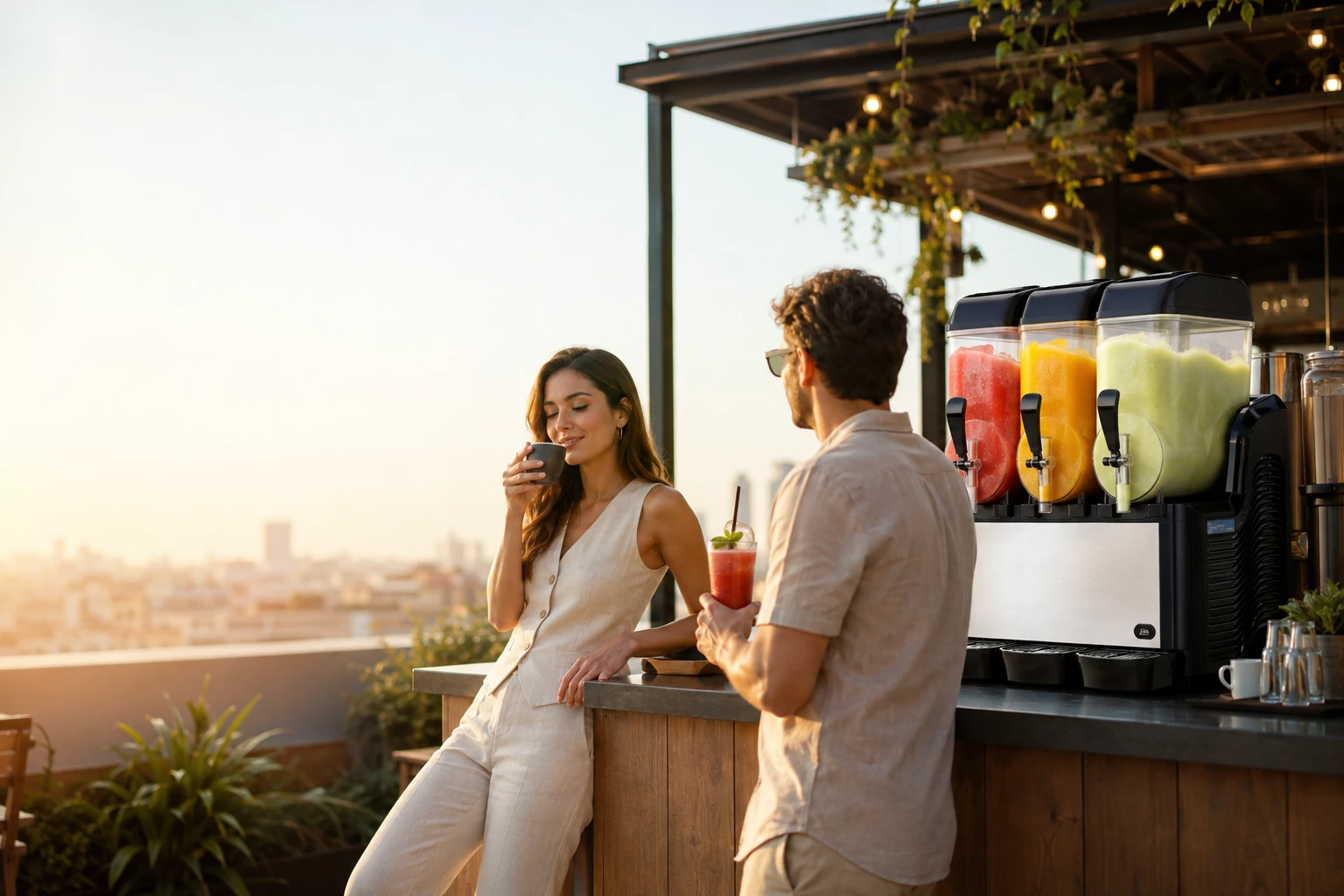 Casal em um rooftop ao entardecer diante de um balcão com máquina de frozen de três cubas